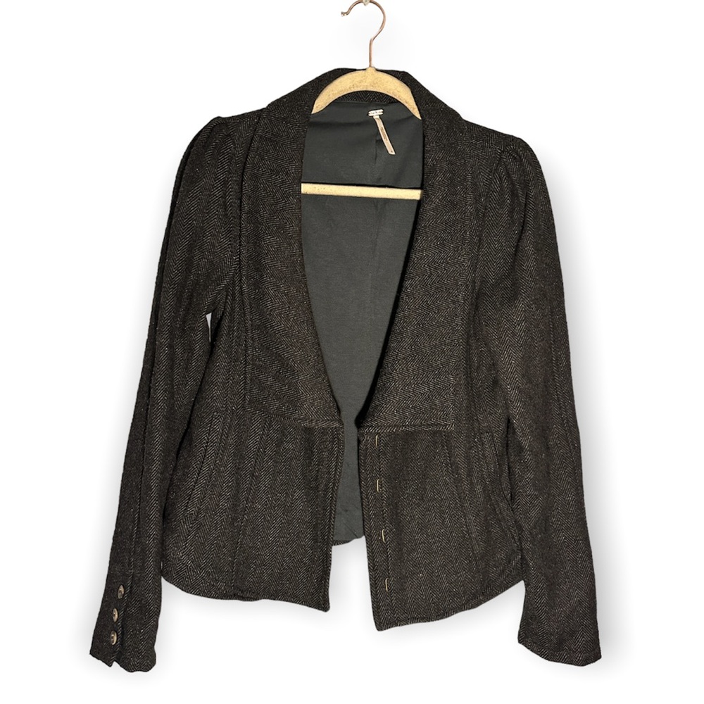 NWOT Free People Herringbone Gray Black Wool Blend Lined Blazer Coat